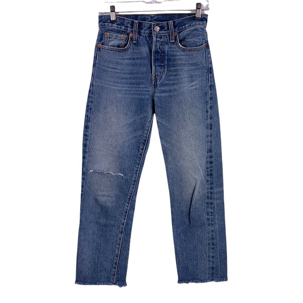 Levi's Wedgie Button Fly High Rise Light Wash Raw Hem Busted Knee Jeans Size 25